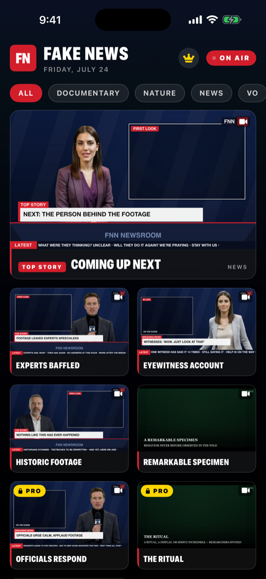 Template gallery of parody news broadcasts