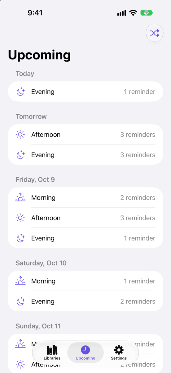 Upcoming reminders, shown only as morning, afternoon and evening