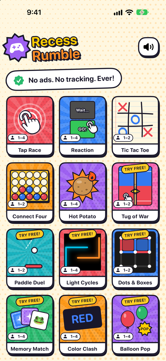 The game menu: comic picture tiles for every game