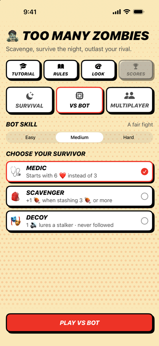 Start screen: pick a mode, a bot and your survivor